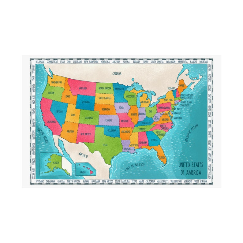 Printable Colorful United States Map Poster A2. Hand Drawn Illustration for Your Classroom or ...