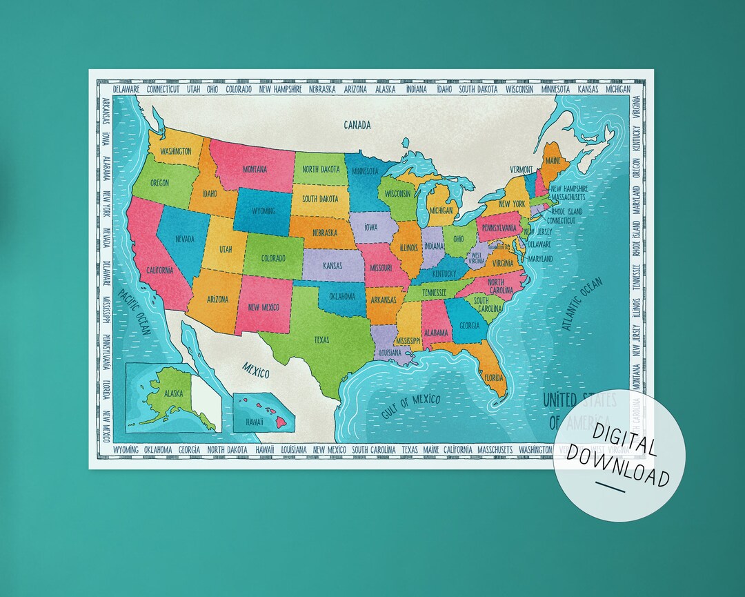 Printable Colorful United States Map Poster A2. Hand Drawn Illustration ...
