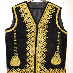 Afghan Men Waistcoat Afghan Traditional men&#39;s Black velvet vest with heavy Gold braided embroidery