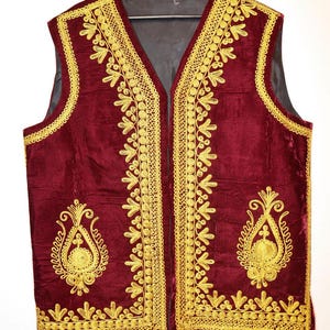 Afghan Men Waistcoat Afghan Traditional men&#39;s Red velvet vest with heavy Gold braided embroidery