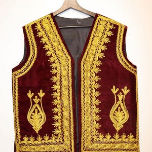 Afghan Men Waistcoat Afghan Traditional men&#39;s Red velvet vest with heavy Gold braided embroidery