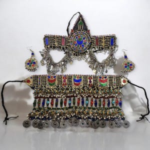 Vintage Afghan Jewelry Set: Handmade Choker Necklace, Tikka & Earrings