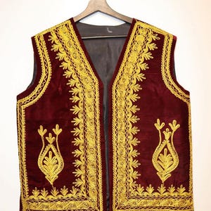 Afghan Men Waistcoat Afghan Traditional men&#39;s Red velvet vest with heavy Gold braided embroidery