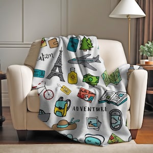 Travel Themed Throw Blanket, Travel Gift Blanket for Home or Trips Away