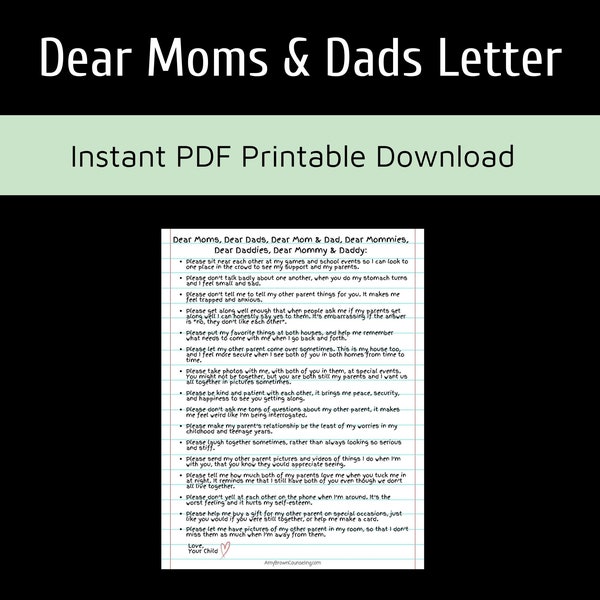 Co-Parenting Letter from a Child's Perspective: Dear Moms and Dads, listening to kids, divorce, break-ups, therapy worksheet, parenting tips