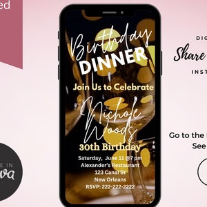 Animated Birthday Dinner Video Invitation, Digital Birthday Party evite, Dinner Party, Canva Birthday Template