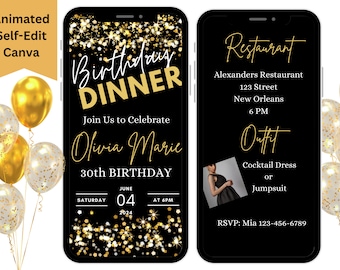 Gold Glitter Birthday Dinner Invitation, Animated Evite (Canva Template)