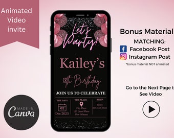 Animated Pink Balloons Birthday Video Invitation, Editable Canva Template (Digital Download)