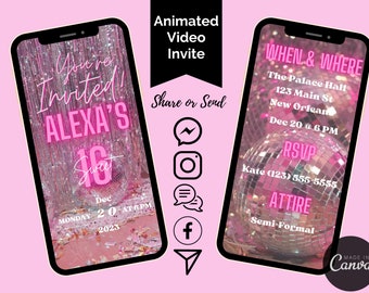 Pink Disco Ball Sweet 16 Animated Video Invitation (Canva Template)