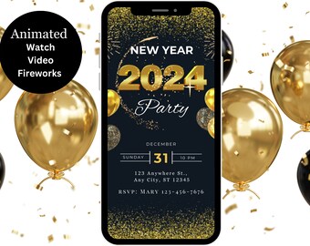 Black and Gold New Year's Eve Party Invitation, Animated NYE Evite (Canva Template)