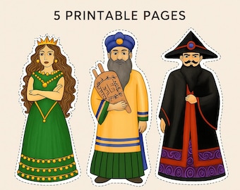 Purim Characters Printable Paper Dolls – Jewish Holiday Activity – PDF Digital Download