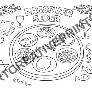 Puede incluir: Dibujo lineal en blanco y negro de un plato de Seder de Pésaj con alimentos simbólicos, copas de vino, una botella de vino, matzá y la Estrella de David. Las palabras "Passover Seder" están en la parte superior.
