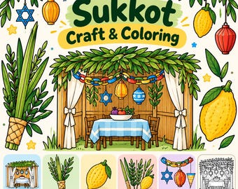 Sukkot Craft Bundle for Kids | 6 Printable Cut and Glue Crafts | Sukkah, Lulav, Etrog, Four Species & Coloring Page