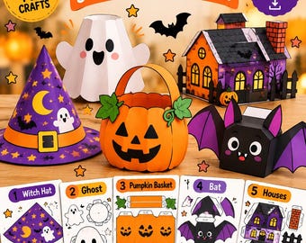 Halloween Craft Bundle for Kids | 5 Printable Cut and Glue Crafts | Witch Hat, Ghost, Pumpkin Basket, Bat & Haunted Houses