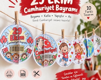 29 Ekim Cumhuriyet Bayramı Süsü | Boyanabilir Cumhuriyet Süsü | Çocuklar İçin Kes Katla As Etkinliği | 10 Tasarım PDF