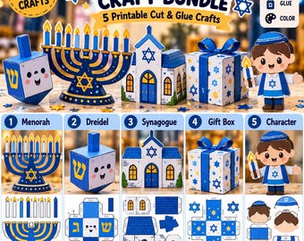 Hanukkah Craft Bundle for Kids | 5 Printable Cut and Glue Crafts | Menorah, Dreidel, Synagogue, Gift Box & Character