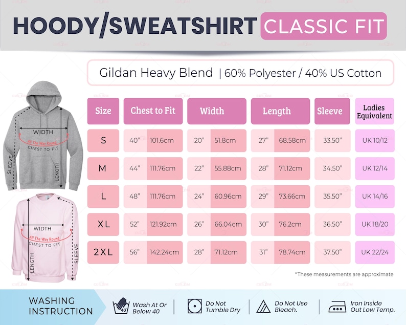 May include: A size chart for Gildan Heavy Blend hoodies and sweatshirts. The chart includes measurements for chest to fit, width, length, and sleeve in inches and centimeters. Washing instructions are also included.