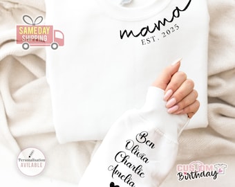 Anpassad tröja med namn på ärmen, mammatröja, personlig mammatröja med rund hals, jultröja till mamma, mormorströja