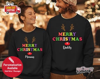 Aangepaste Merry Christmas-trui, bijpassende familie kersttrui, gepersonaliseerde familie kersttrui, rendier bijpassende kersttrui