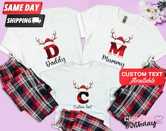 Personalised family matching xmas pjs pyjamas festive - your name Santa initial design - red check tartan , Custom Christmas Shirt 2023