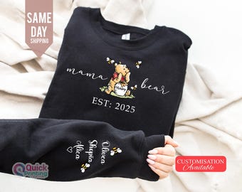 Sudadera Mama Bear, Sudadera para el Día de la Madre, Top Mama Bear, Sudadera personalizada para mamá con nombres 2025, Mama Est con nombre en la manga T