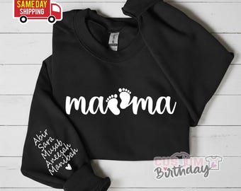 Custom Mama Sweatshirt with Name on Sleeve, Mothers Day Jumper, Personalized mama jumper, Minimalist mammy jumper, Christmas Gift for Mama