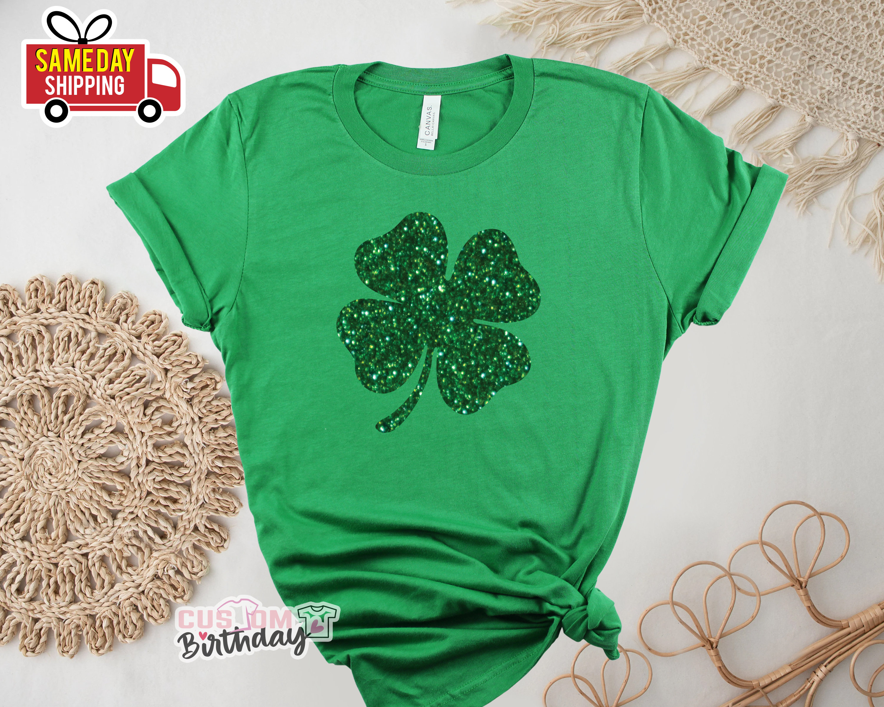 GLITTER Ladies Shamrock T-shirt -  St Patrick Day Tee, Womens Girls Cute St Patricks Day Ireland Irish Saint Patrick's Birthday Gift Top