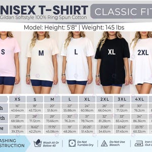 May include: A unisex t-shirt in various sizes, from XS to 5XL, displayed on models. The shirts are available in pink, cream, white, black, and white. The image includes a size chart with measurements in inches and centimeters, and washing instructions.