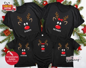 Personalized Christmas Reindeer Family Matching T-Shirt, Custom Christmas Shirt 2025, Xmas tee, Personalised Family christmas Shirt, Xmas T