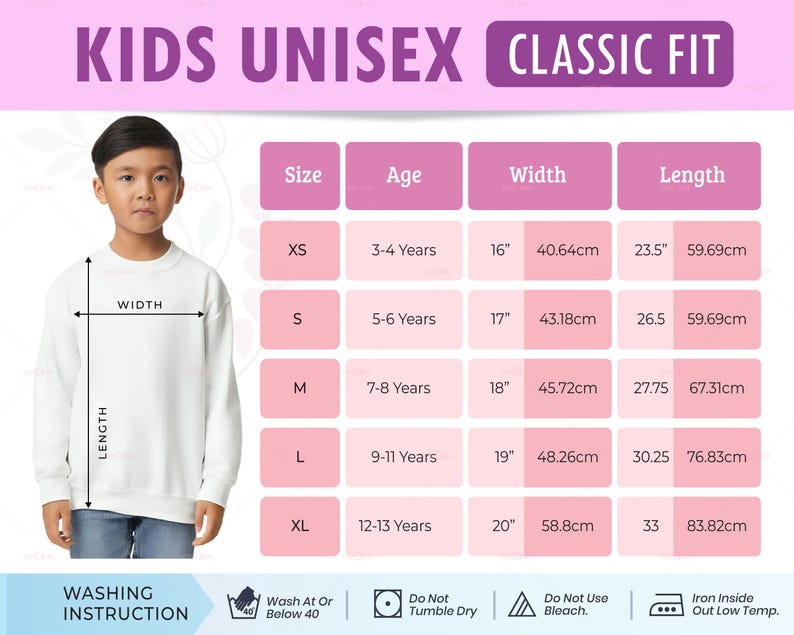 May include: A white Kids Unisex Classic Fit sweatshirt with a size chart. The chart shows measurements for XS to XL sizes, including width and length in inches and centimeters. Washing instructions are also included.