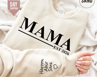 Custom Mama Sweatshirt with Name on Sleeve, Mothers Day Jumper, Personalized mama jumper, Minimalist mammy jumper, Christmas Gift for Mama