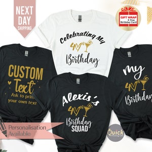 Puede incluir: Cuatro camisetas negras y blancas con texto y gráficos dorados. Las camisetas dicen "Celebrating My 40th Birthday", "My 40th Birthday", "Alexis's 40th Birthday Squad" y "Custom Text".