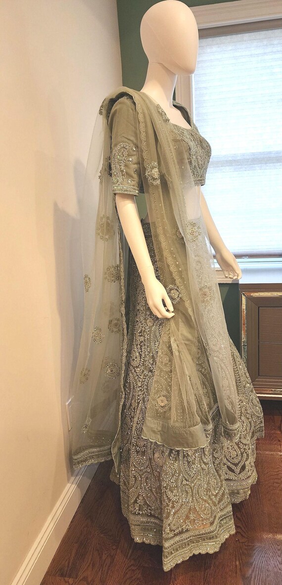 Indian Wedding Wear - Sage Green Net Lehenga With Heavy Crystal Work and  Thread Embroidery - Etsy