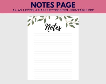 May include: A white notes page with lined paper, the word "Notes" in black script, and green leaf accents. The top banner reads "NOTES PAGE" and includes text about paper sizes and "PRINTABLE PDF".