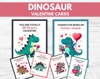 PRINTABLE Kids Dinosaur Valentine Card | Dinosaur Valentine Cards | Class Valentines for Kids | Six fun Valentine Designs | Printable
