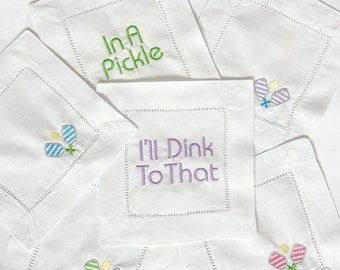 Embroidered Pickleball Linen Cocktail Napkins (set of 4)