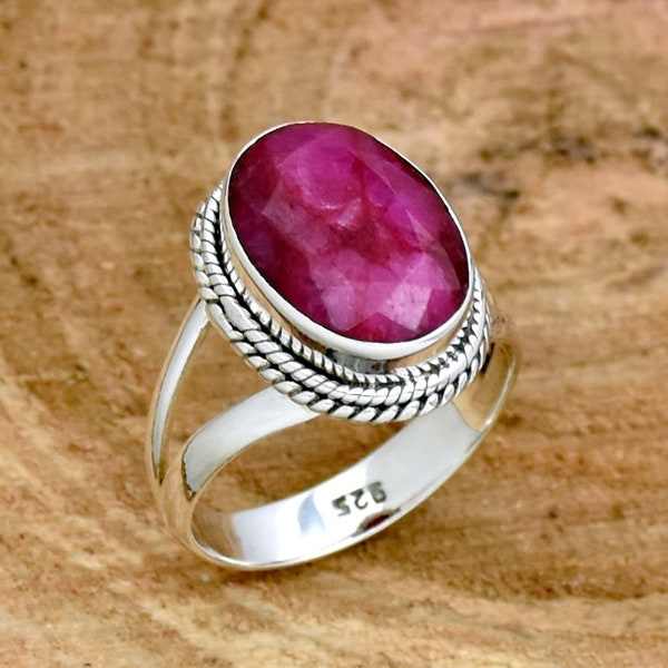 Indian Ruby Ring, 925 Sterling Silver Ring, Handmade Ring, Statement Ring, Ruby Jewelry, Gemstone Ring, Oval Cut Stone Ring, Gift For Women