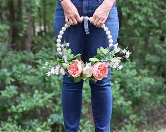 Modern Farmhouse Wood Bead Floral Door Wall Wreath Pink and Purple Roses