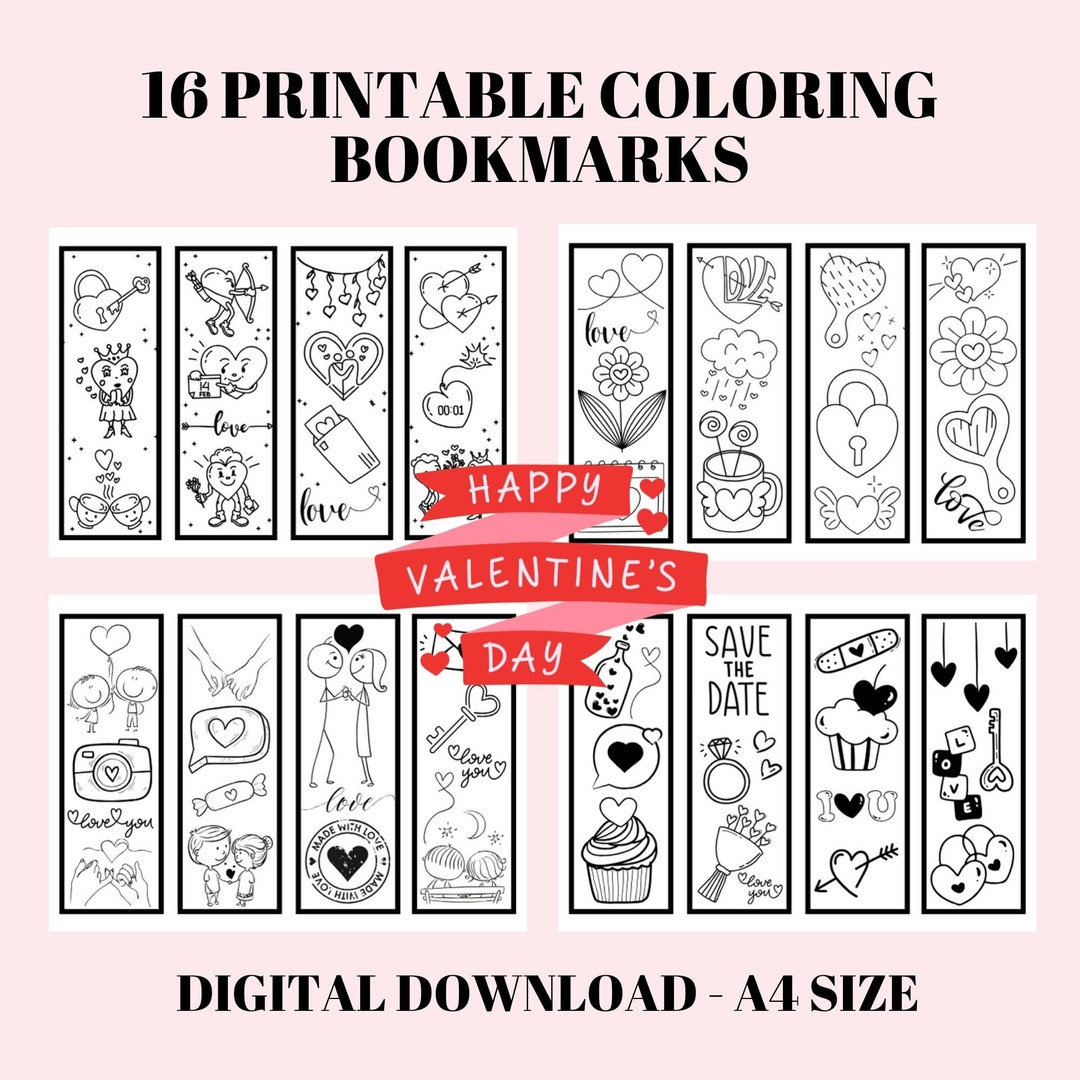 Printable Digital Valentine's Day Coloring 16 Pieces Bookmarks Set ...
