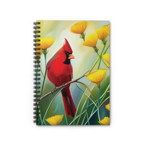 May include: A red cardinal bird perched on a branch with yellow flowers in the background.