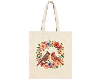Cardinal Floral Tote Bag | Canvas Tote, Bird and Flowers Print