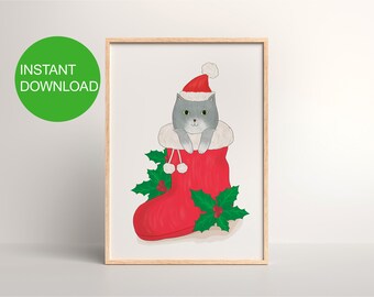 Printable Original Art Christmas Cat Digital Print / Hand Drawn Illustration / Digital Download / Holiday decor / Kids Room Decor