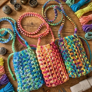 May include: Three colorful macrame phone pouches in blue, orange, and rainbow hues, each with a matching cord. The pouches are displayed with spools of colorful cord, small metal containers, and crafting tools on a wooden surface.