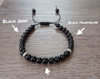 Triple Protection Bracelet made with 6mm Natural Black Obsidian, Black Onyx and Black Tourmaline beads