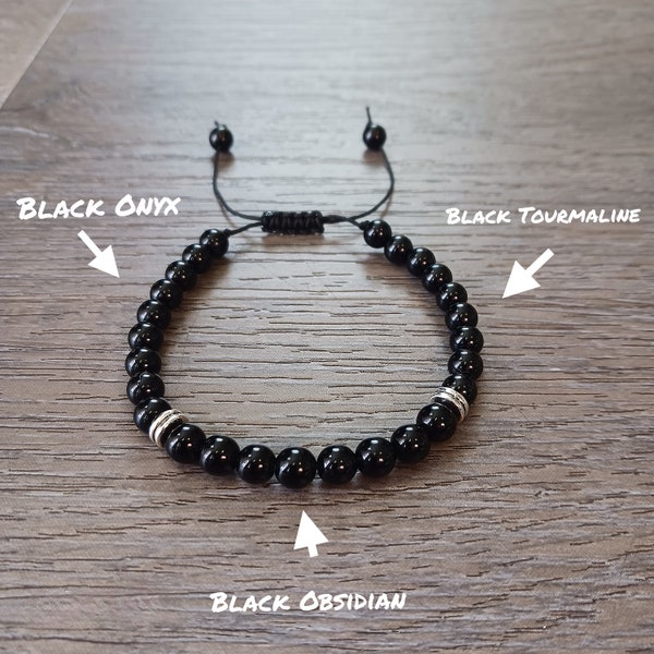 Triple Protection Bracelet made with 6mm Natural Black Obsidian, Black Onyx and Black Tourmaline beads