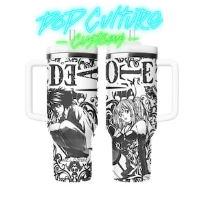 May include: Two stainless steel tumblers with black and white illustrations of anime characters. The tumblers feature the text "Death Note" and a decorative floral pattern.