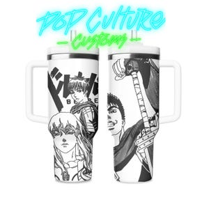 May include: Two white stainless steel travel mugs with black and white illustrations of characters from the anime series "Berserk". The mugs feature the text "Berserk" and "Pop Culture Customs".
