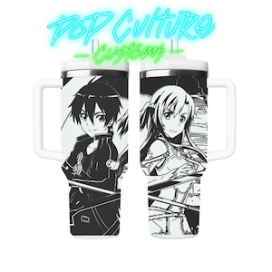 May include: A white travel mug featuring black and white anime-style illustrations of two characters. The mug has a white handle and a silver rim. The text "POP CULTURE CUSTOMS" is written in a neon green and blue font.