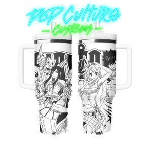 May include: A white stainless steel travel mug with a black and white line drawing of characters from the anime Fairy Tail. The mug has a handle and a lid. The text "Fairy Tail" is visible on the mug.