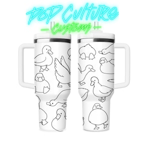 May include: Two white stainless steel travel mugs with a black outline design of ducks. The mugs have a black handle and a black lid.